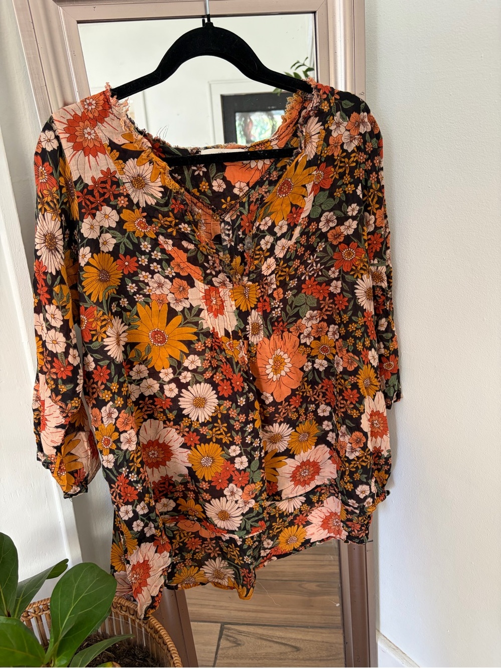 Natural Life Floral Tunic Blouse L/XL 100% Cotton Boho V Neck 3/4 Sleeve Fall